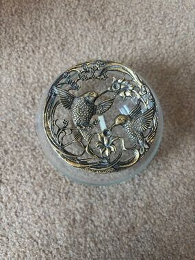 Decorative Glass Jar with Brass-Tone Hummingbird Lid - Gold and Silver